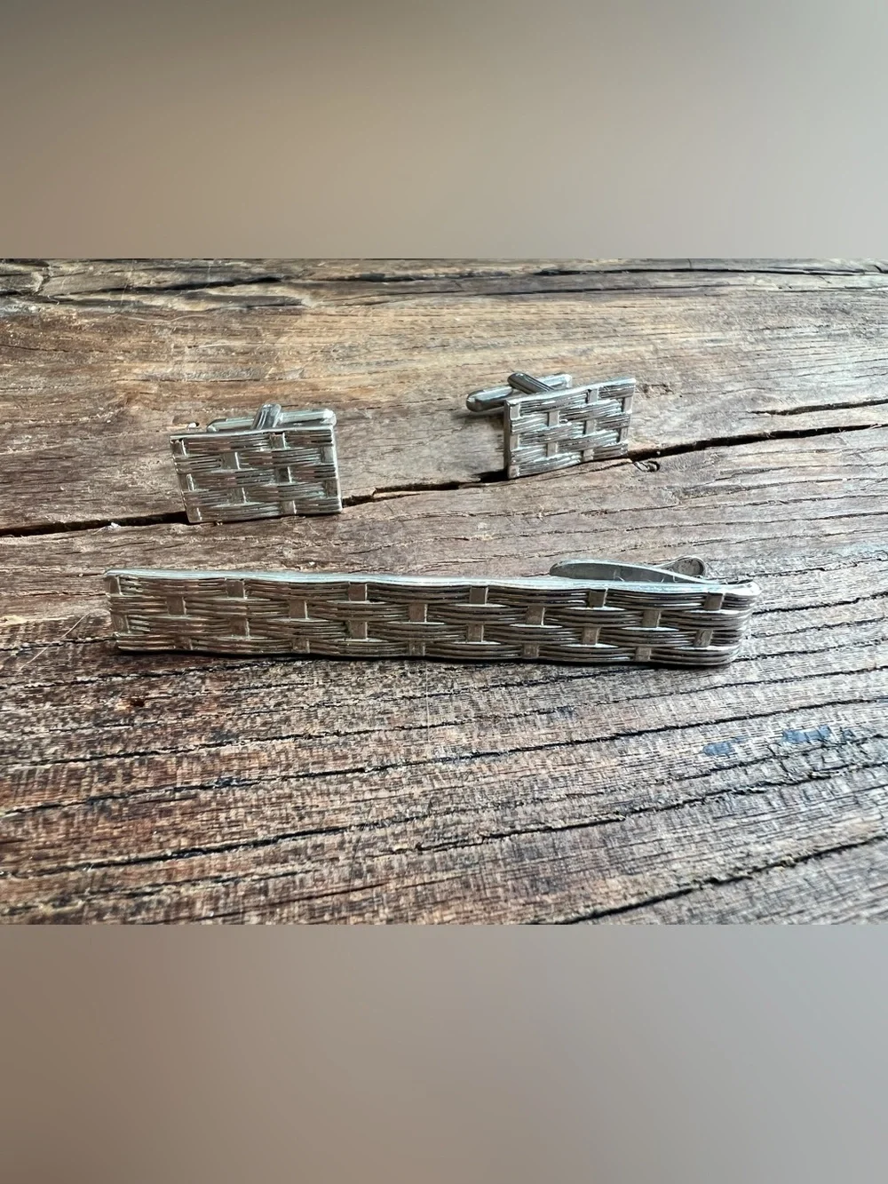 Woven Silver Tie Bar and Cufflinks Set